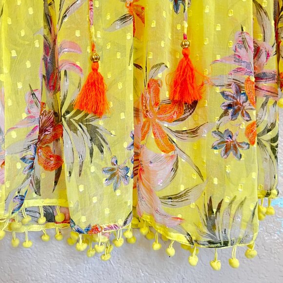 NWOT Beach Cover-Up Dress Sheer Yellow Tropical Floral with Pom-Pom Trim, Size M - Picture 3 of 9